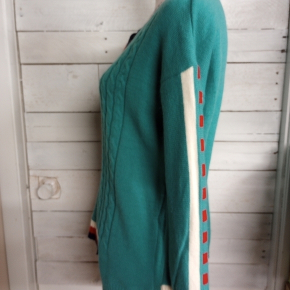 Stripe Sweater V Neck Women's Green Knit Long Sleeve Loose Casual Pullover Med - Picture 4 of 11